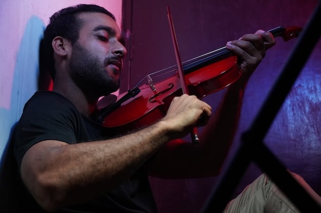 A composer conducting an orchestra in a dimly lit studio, with close-ups on the conductor's intense expression and the musicians' focused performances.