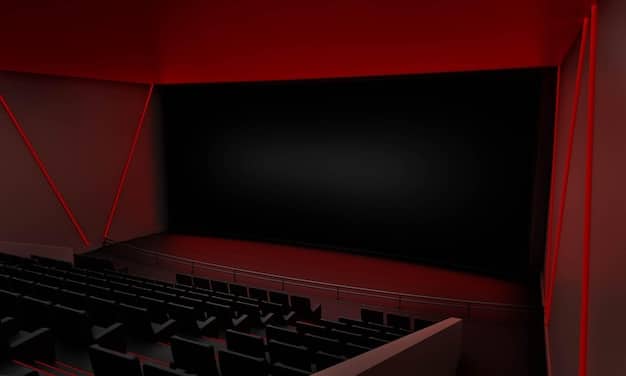 A dark, empty movie theater with only a single spotlight illuminating the screen, creating a sense of stark isolation and minimalism.