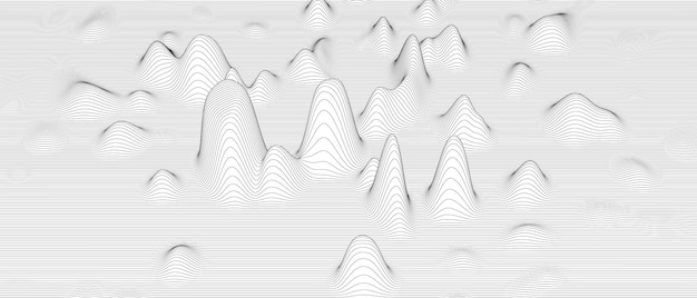 A detailed sound wave visualization, with sharp peaks and deep valleys, representing the contrasting elements often used in modern horror film soundtracks. The visualization should be in shades of black and white, with subtle red accents highlighting areas of intense sonic activity.