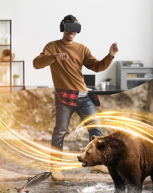 A person wearing a VR headset, fully immersed in a virtual reality film experience, with interactive elements and high-resolution visuals.