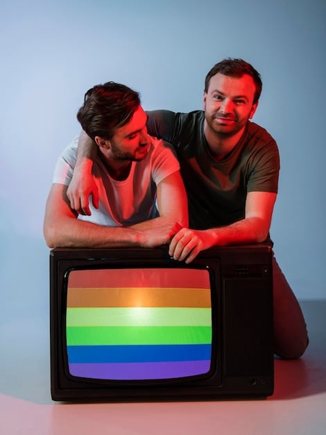 A split screen showcasing two film stills: one from an old Hollywood movie featuring a stereotypical gay character and another from a modern indie film with a nuanced LGBTQ+ protagonist.
