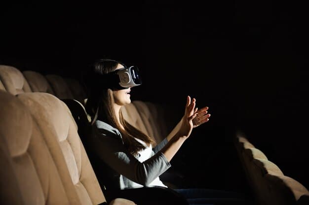 A person wearing a VR headset in a dark room, fully engrossed in a virtual movie scene, surrounded by dim ambient lighting, showcasing the immersive experience of VR cinema.