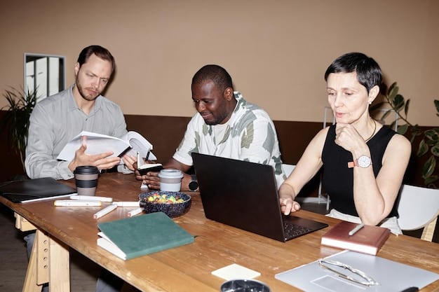 A candid shot of the screenwriters huddled around a table, intensely discussing and revising the script. Show various drafts and notes scattered around them to convey the collaborative and iterative nature of the process.