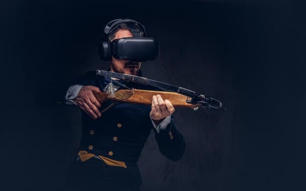 A close-up of a musician wearing a VR headset and motion capture suit, playing a virtual instrument on a brightly lit stage. The musician's concentrated expression indicates their immersion in the digital performance.