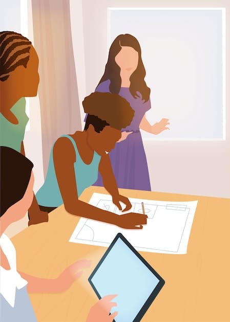 A classroom setting with students working on animation projects using digital drawing tablets. An instructor is guiding a student, showcasing the learning environment for aspiring animators.