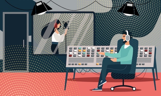 A split image comparing a traditional radio broadcasting studio with a modern podcasting setup. The radio studio should appear older and more complex, while the podcasting setup is clean, minimalist, and tech-focused.