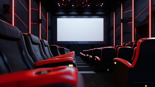 A modern, upscale movie theater with plush seating, advanced sound systems, and a large, high-definition screen, filled with an audience enjoying the movie.