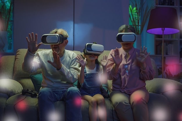 A futuristic scene depicting a virtual reality K-drama experience, showcasing advanced technology enhancing the viewing experience, with diverse viewers enjoying it.