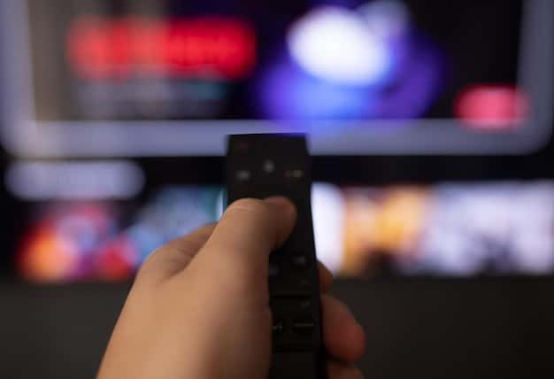 Close-up image of a hand holding a remote control, pointed at a television screen displaying the logo of a major television network. The lighting is dim, creating a sense of suspense and anticipation.