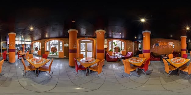 Interior of a luxury movie theater with reclining seats, a full bar, and a gourmet food counter. Patrons are shown enjoying the amenities.