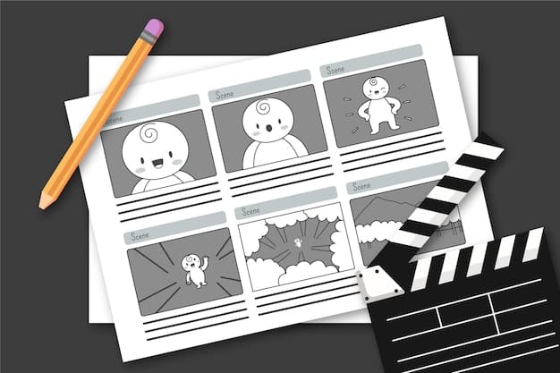 A storyboard sketch depicting a key action sequence from the film, with annotations and visual cues for the filming process.