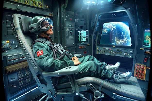 First-person view from inside a VR game, showing the player character interacting with a complex control panel in a spaceship cockpit. Detailed textures, realistic lighting, and a sense of depth.