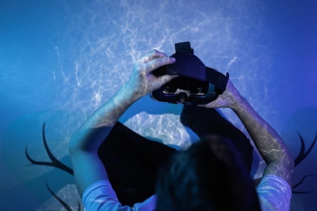 A person playing a VR escape room game, reaching out to touch a virtual object with a detailed texture, inside a dimly lit, photorealistic virtual room.