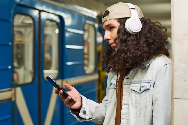 A person wearing headphones on a train, deeply engrossed in listening to a podcast on their smartphone. The background shows blurred scenery passing by, emphasizing the portability and immersive experience of podcast listening.