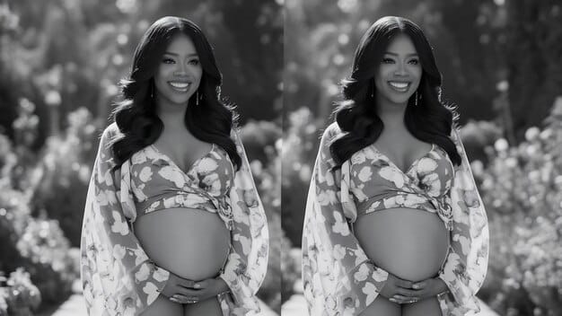 A split image: On the left, a photo of Rihanna during her first pregnancy, showcasing her baby bump. On the right, a photo of Rihanna during her Super Bowl performance, revealing her second pregnancy.