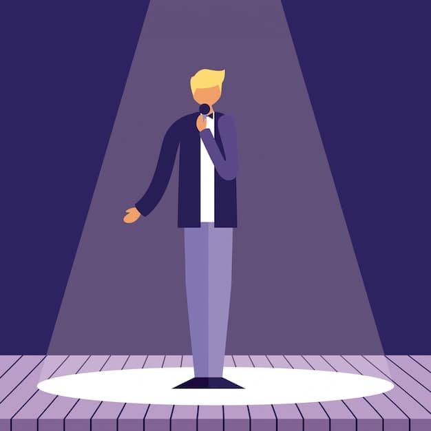 A caricature of Kanye West standing on a stage, with question marks floating around his head. He is holding a microphone and looking uncertain.