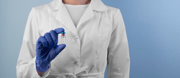A doctor in a lab coat holding up a Goop product label, looking skeptically at it. Test tubes and scientific equipment are visible in the background.