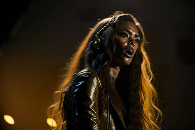 Beyoncé performing live during a concert, wearing a shimmering outfit and exuding confidence. The stage is filled with dynamic lights and effects, showcasing her commanding presence.