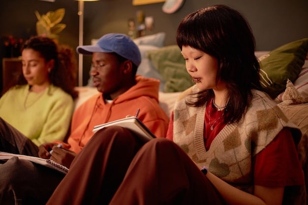 A close-up shot of a K-drama fan club meeting, focusing on a group of members enthusiastically discussing a recent episode. They are using tablets and smartphones to look up information and share opinions. The scene captures the energy and excitement of K-drama discussions among fans.