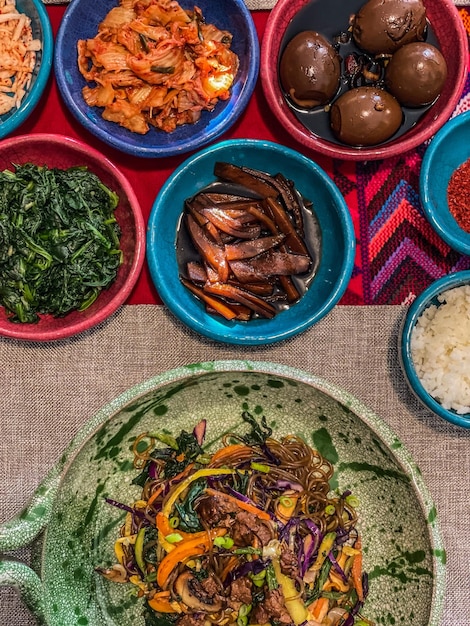 A colorful and healthy spread of traditional Korean Banchan dishes, including various pickled vegetables, seasoned greens, and fresh herbs, highlighting the nutritional diversity and the emphasis on fresh ingredients in Korean cuisine.