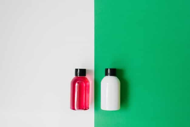 A split image showing two different affordable toners (one left, another right). Each toner has a bright, clean bottle and is surrounded by fresh flowers and plants, evoking a sense of natural beauty and skincare.