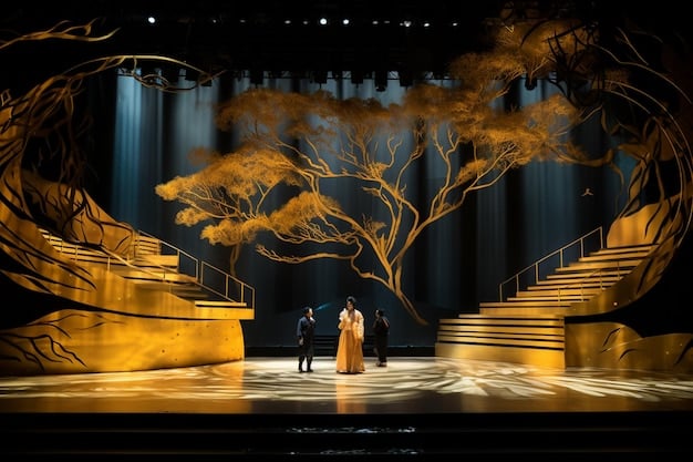 A photograph of the Baeksang Arts Awards ceremony stage, showcasing the elegant design and the excited atmosphere of the event. The image should capture the grandeur and importance of the awards.