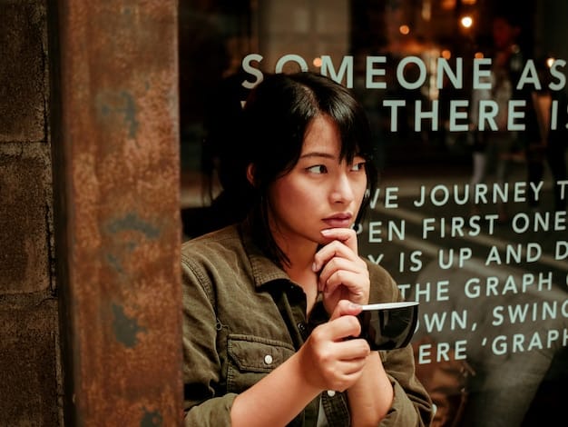 A close-up shot of a Korean drama character looking surprised with Korean text bubble containing a common phrase. The setting is a brightly lit café.